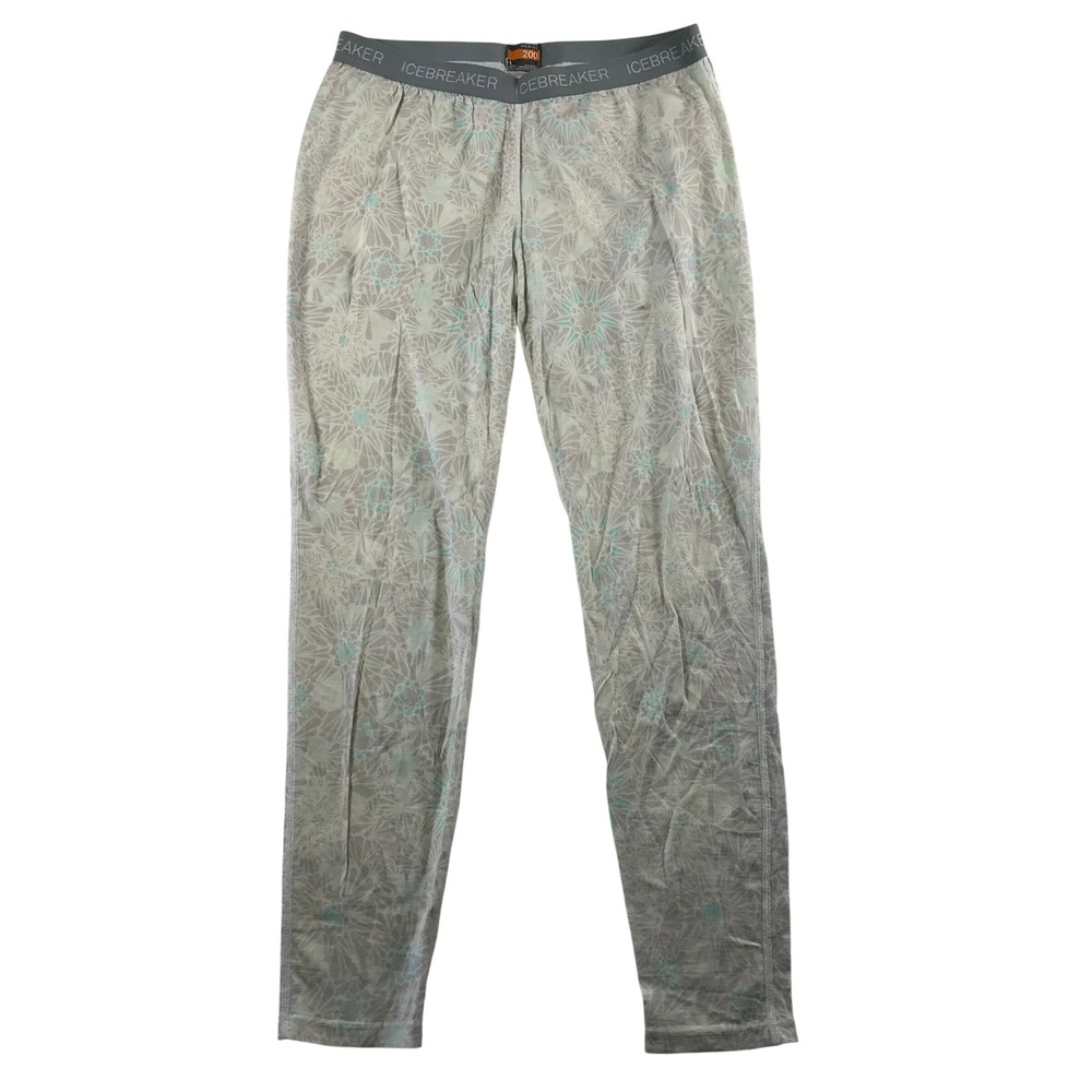 Icebreaker Merino 200 Base Layer Leggings Womens Large Grey Snowflake Print